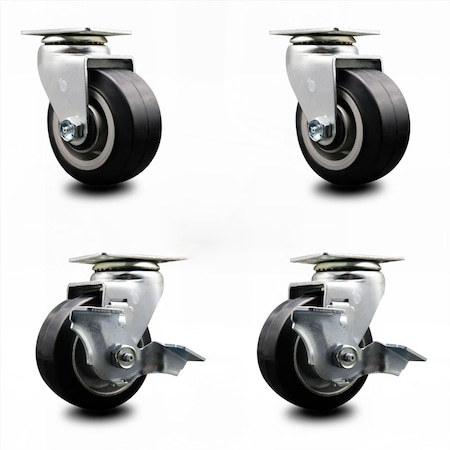 Service Caster 4 Inch Rubber on Aluminum Swivel Caster Set with Ball Bearings 2 Brakes SCC-20S420-RAB-2-TLB-2